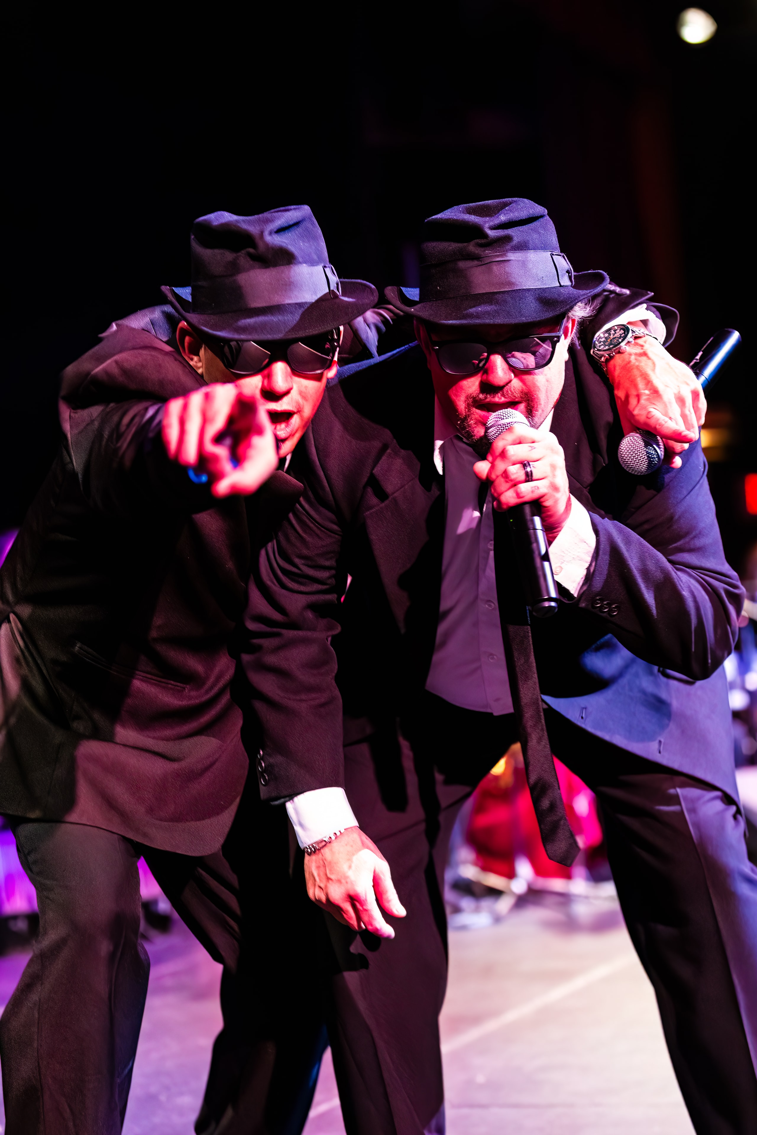 Jake and Elwood in a tight live-performance shot with microphones