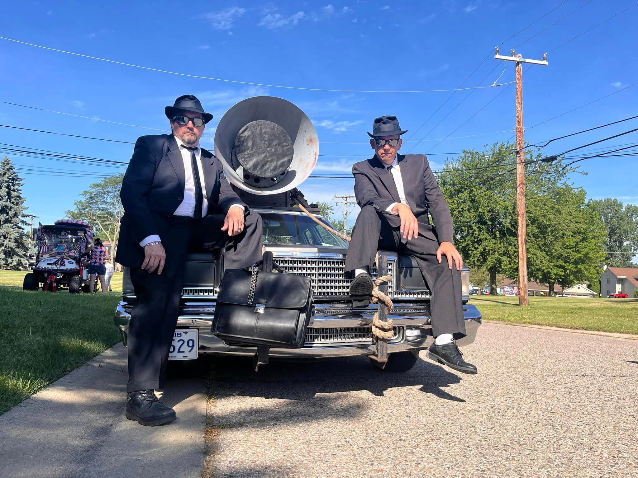 The Bluesmobile — nighttime production photograph for the Transit Brothers Blues Brothers Experience